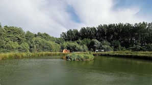 Un cadre paisible au bord d’un lac, avec une petite construction en bois située près du rivage.