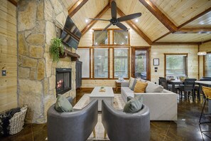 Smart TV, fireplace, video games, DVD player