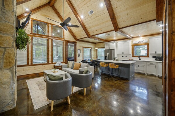 Smart TV, fireplace, video games, DVD player