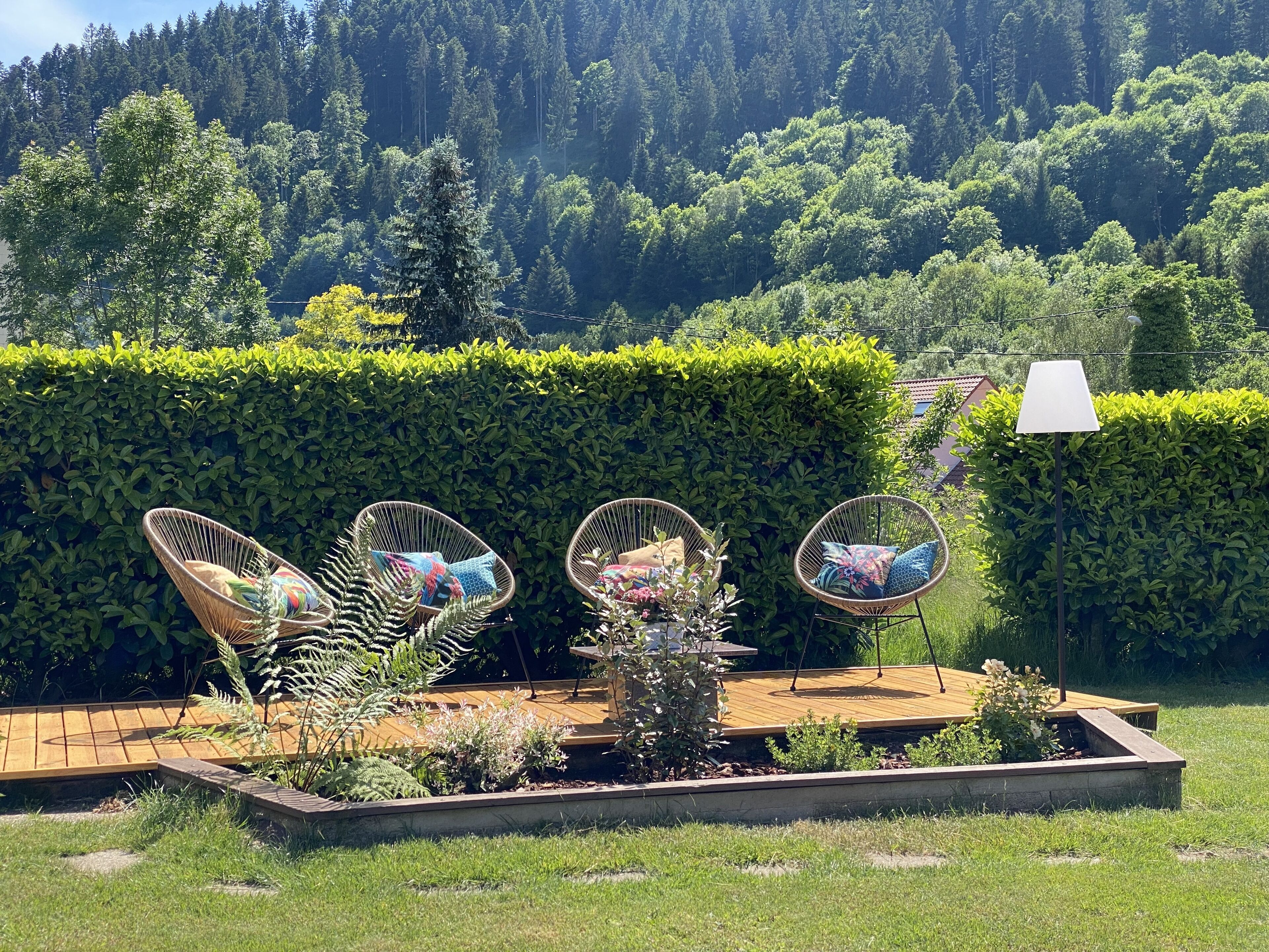 A garden with three wicker chairs, a wooden deck, and a hedge.
