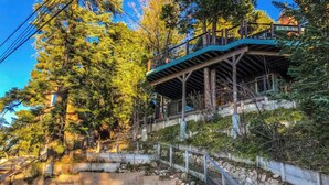 A stone staircase leading up to a wooden deck with railings, surrounded by trees. - Relax with spectacular views @ Bear Dance Cabin (Running Springs)