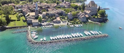 An aerial view of a coastal town with historic buildings, a marina with boats, and a clear view of the sea.