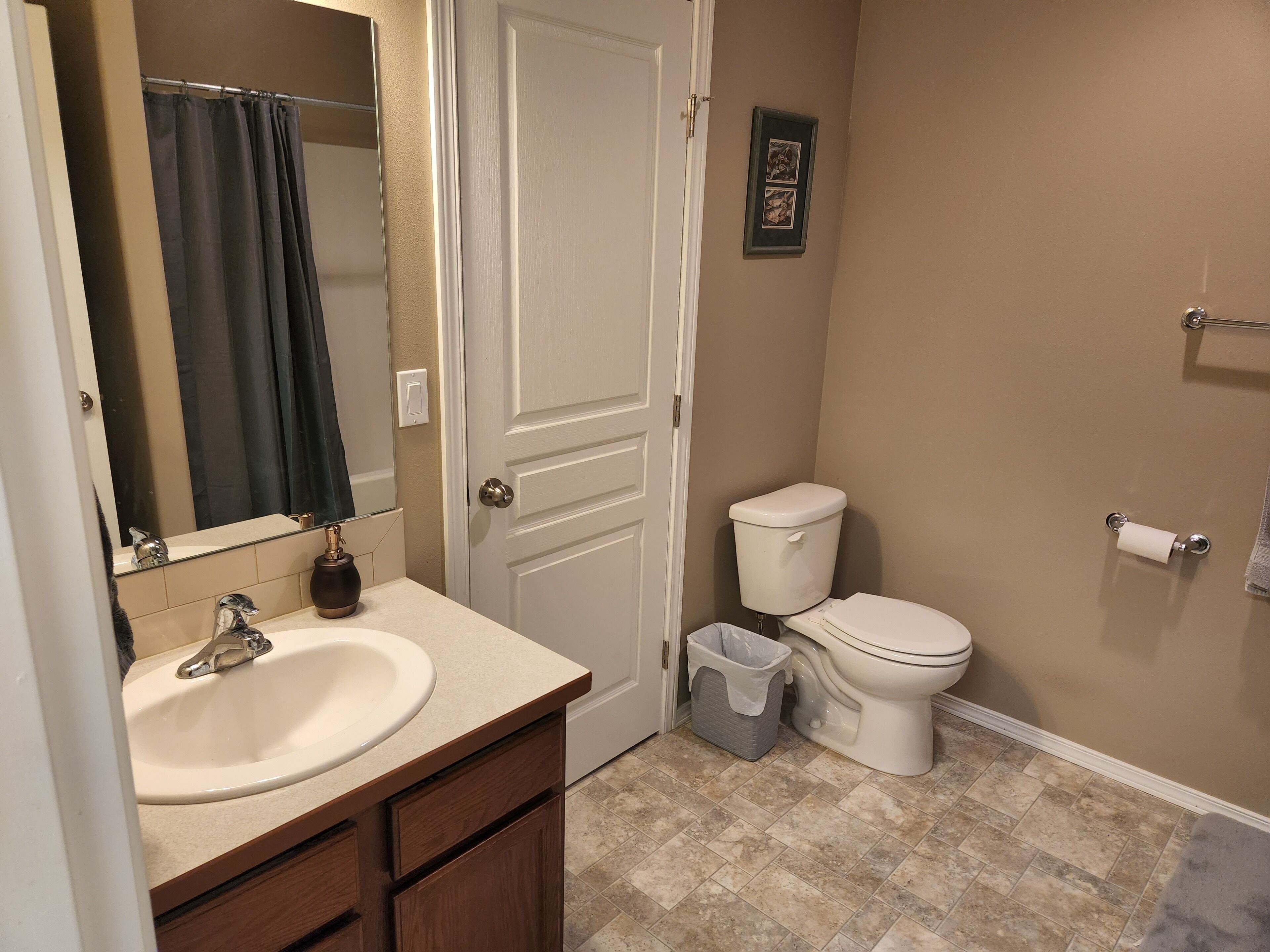 Combined shower/tub, towels, soap, shampoo