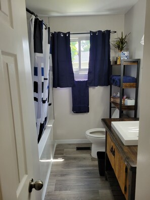 Bathtub, hair dryer, towels, soap