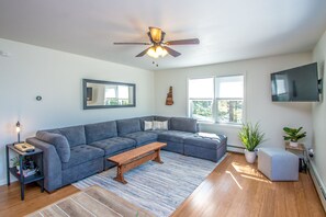 Smart TV, fireplace, books, stereo