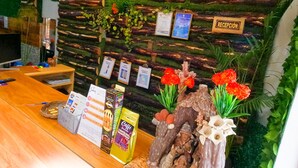 Un mostrador de recepción con superficie de madera, un cartel que dice 'Recepción' y varias tarjetas informativas.