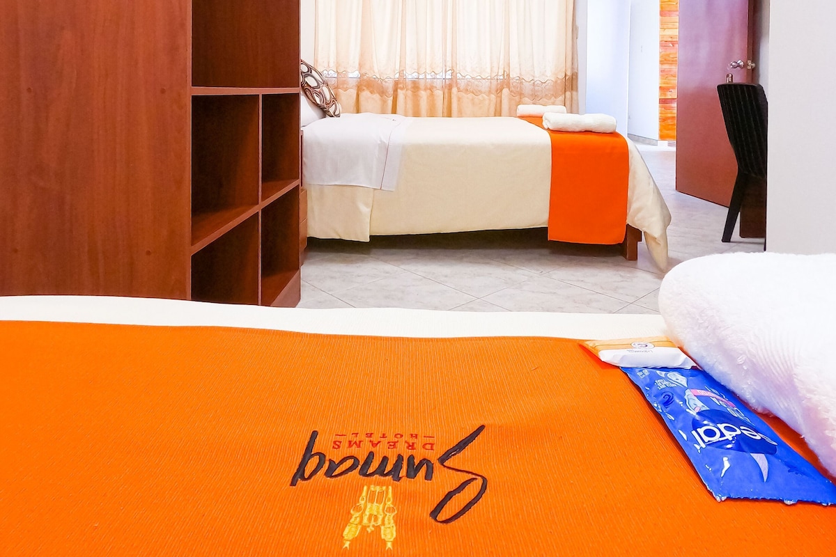 A hotel room with a bed, a wardrobe, a television, and a window with curtains.