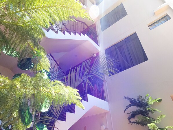 Un edificio de varios niveles con balcones, escaleras y plantas en macetas.