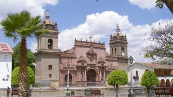 A historic church with two bell towers, surrounded by a fence and palm trees.