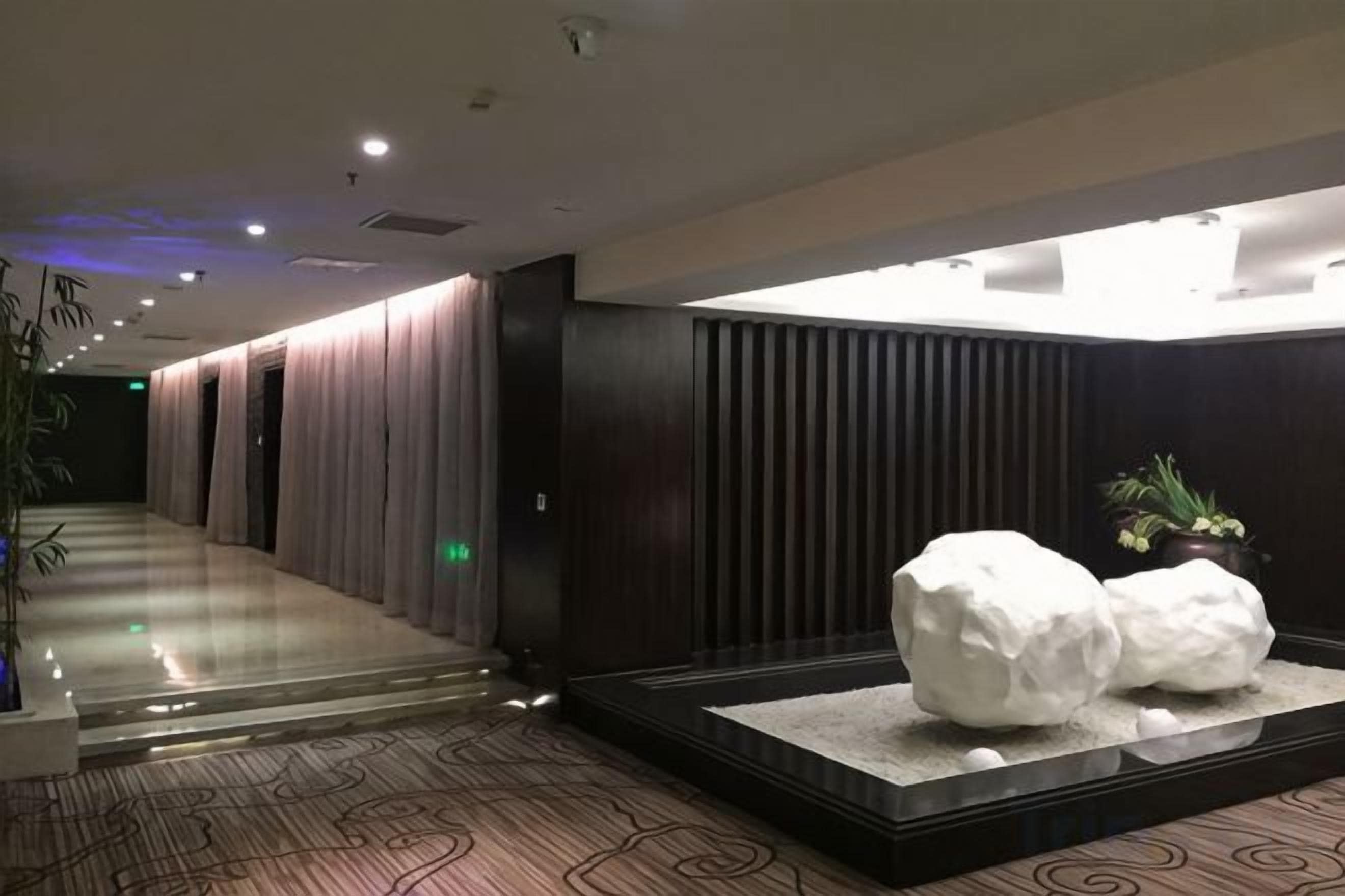 Un couloir d’hôtel avec un sol recouvert de moquette, un comptoir de réception et un espace d’accueil agrémenté d’une plante.