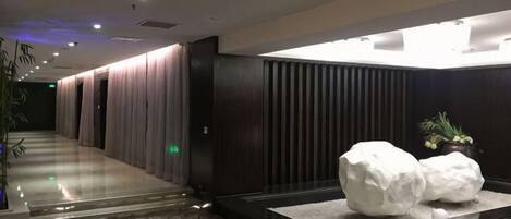 En hotellkorridor med ett heltäckningsmatta, en receptionsdisk och ett receptionsområde med en växt.
