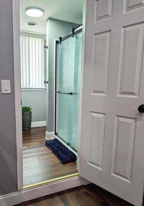 A hallway with a glass door leading to a shower area, a potted plant, and a blue rug on the floor. - L&J Brand New Jax Studio!!! (Jacksonville)