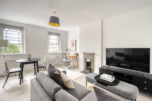 Télévision, cheminée, chaîne hi-fi