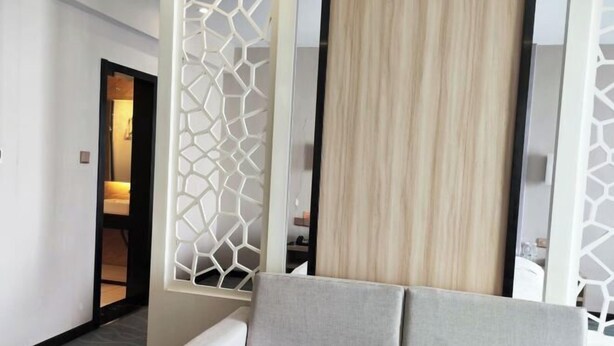 A modern hotel room with a grey sofa, a wooden panel, and a decorative white partition.