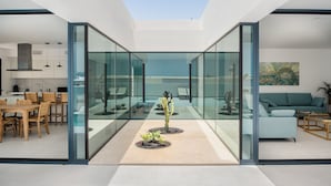 A modern interior with a glass partition, a dining area, a living room, and a cactus plant.