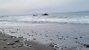 Une plage parsemée de rochers et aux vagues calmes.
