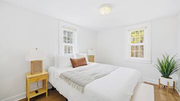 A bedroom with a bed, two bedside tables, a lamp, a bedside plant, and a window.