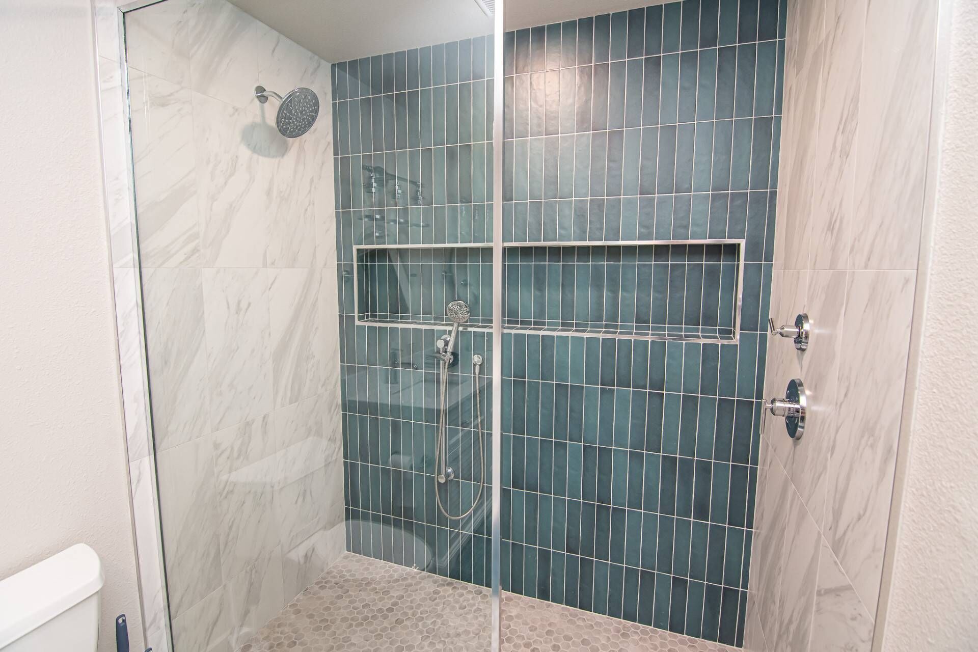 Shower, hair dryer, shampoo