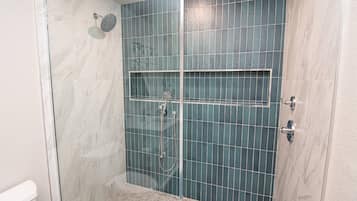 Shower, hair dryer, shampoo