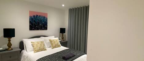 Une chambre à coucher moderne avec un grand lit, deux tables de chevet, une lampe fixée au mur et un tableau.