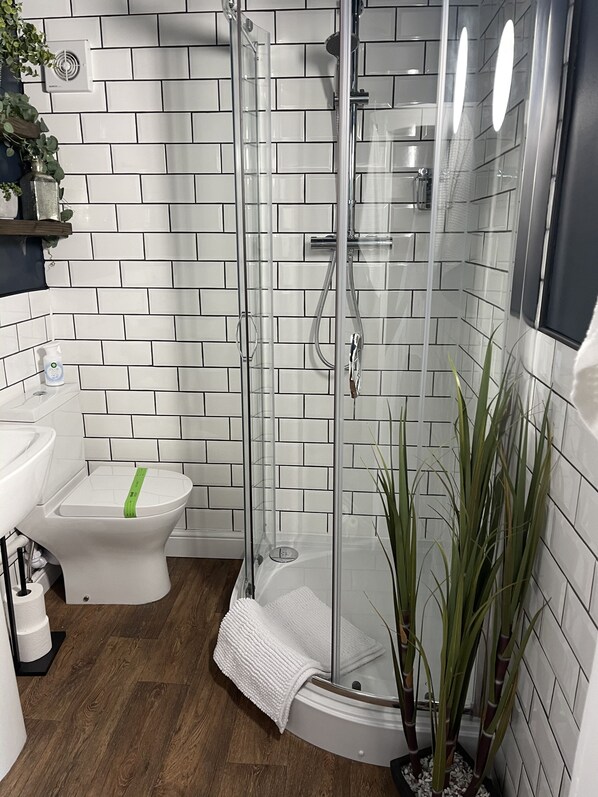 Combined shower/tub, shampoo