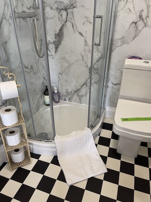 A bathroom with a glass shower enclosure, a toilet, and a checkered floor.