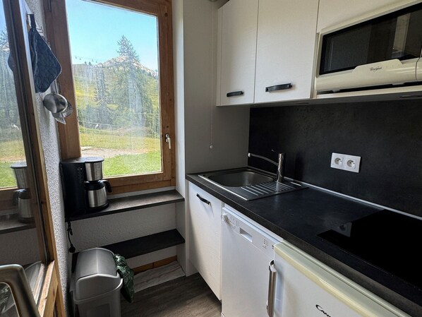 Fridge, dishwasher, coffee/tea maker, toaster