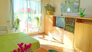 Una habitación pequeña con cama, televisión, armarios de madera y una planta en maceta.