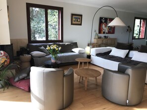 Fernseher, Kamin, Bücher, Computerbildschirme