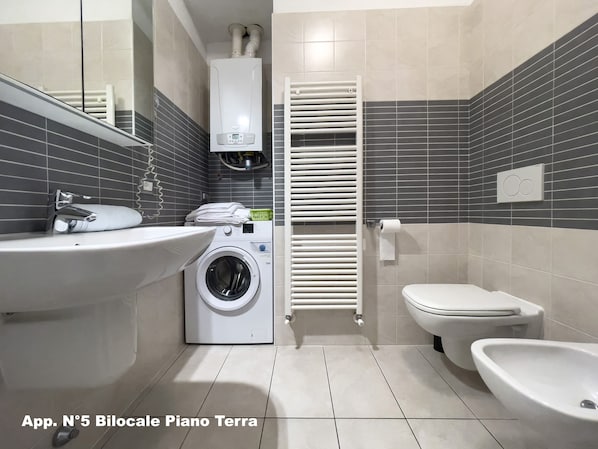 Shower, hair dryer, bidet, towels