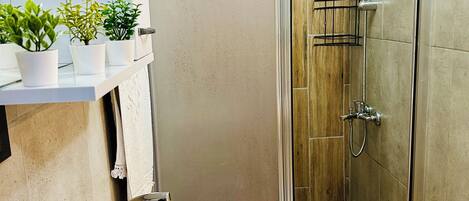 A bathroom with a shower, a sink, and a shelf with plants.