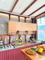 Full-size fridge, oven, stovetop, cookware/dishes/utensils