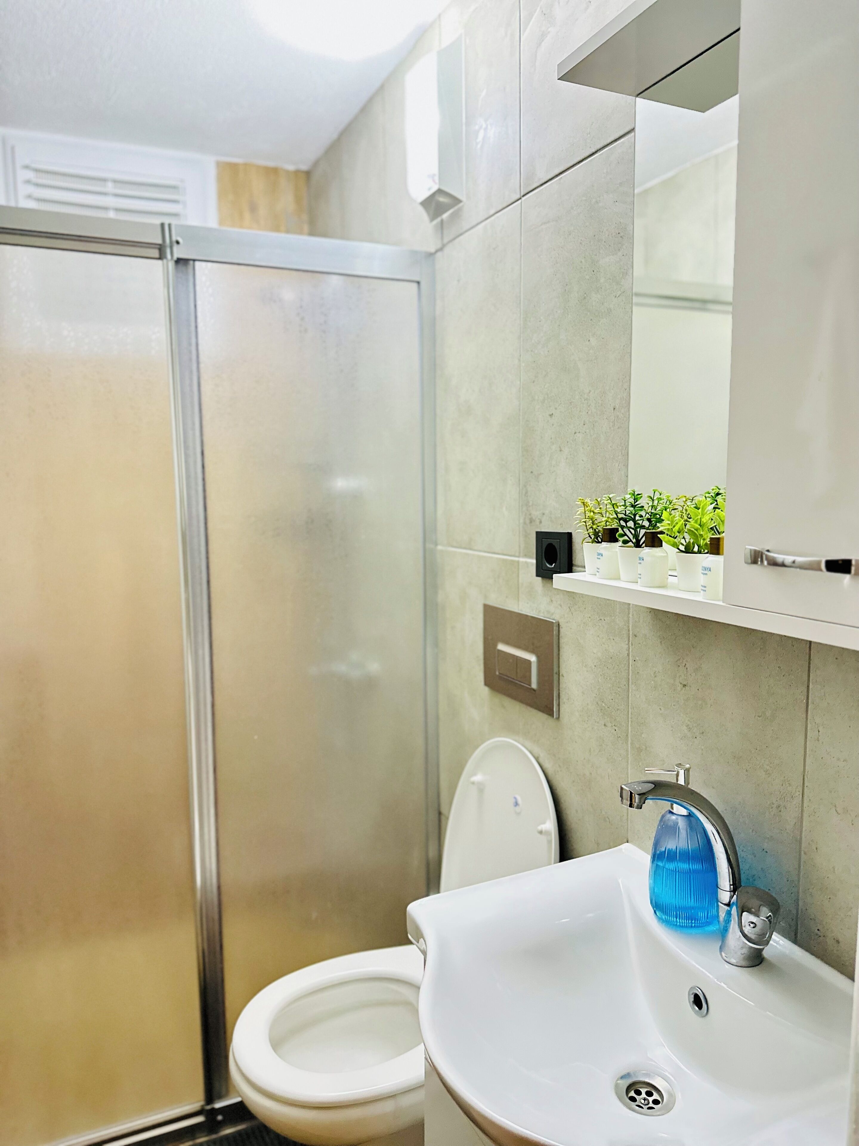 Un baño con ducha de vidrio, inodoro y lavabo con dispensador de jabón azul.