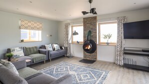 A modern living room with a grey sofa, a blue patterned rug, a fireplace, and a TV mounted on the wall.
