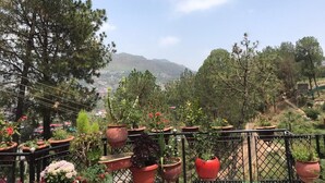 Un balcón con plantas en macetas y vista a un paisaje montañoso.