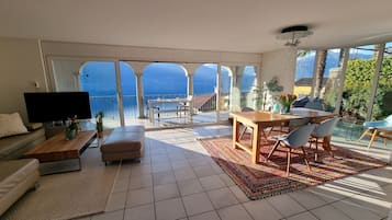 TV connectée, cheminée, livres, chaßne hi-fi