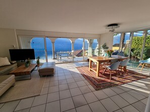 Smart TV, chimenea, libros y estéreo