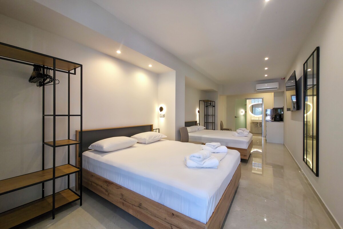Una habitación de hotel moderna con dos camas, cabecera de madera, armario empotrado y baño visible a través de una puerta abierta.