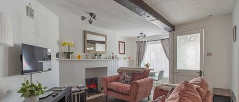 Smart TV, fireplace, books, music library