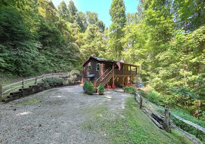 A cabin with a porch, surrounded by dense forest.