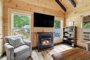 A cozy room with a fireplace, a television, and a bookshelf. - Magical Memories Brand New Veranda Level Cabin Overlooking Pond in Heart of Bryson City (Bryson City)