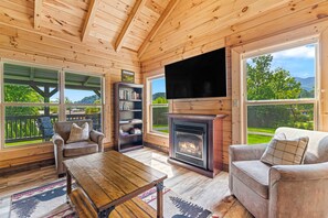 A cozy living room with a fireplace, a television, and a bookshelf.