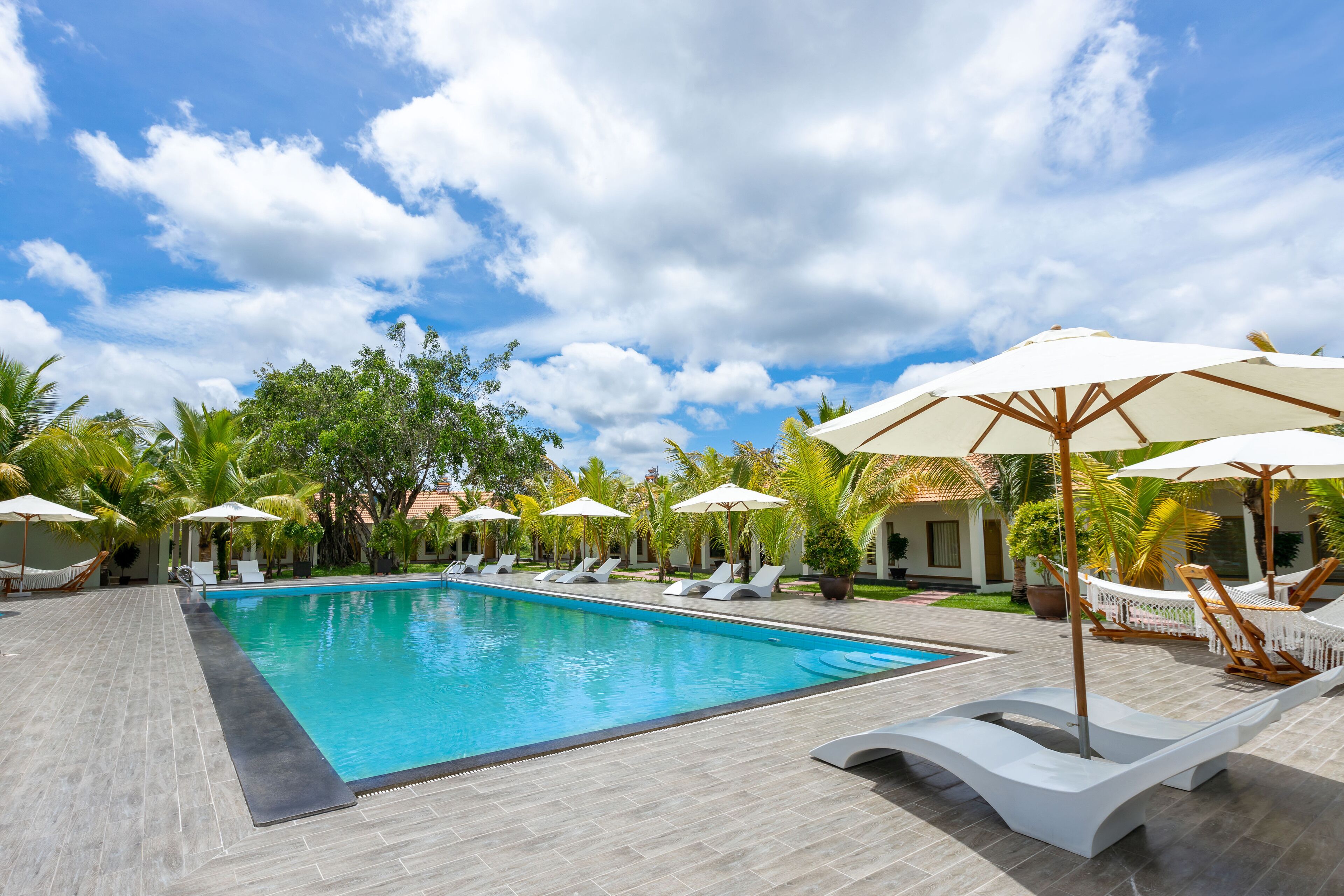 Une piscine entourée de chaises longues et de parasols, bordée de palmiers et surplomb ée d’un ciel dégagé.