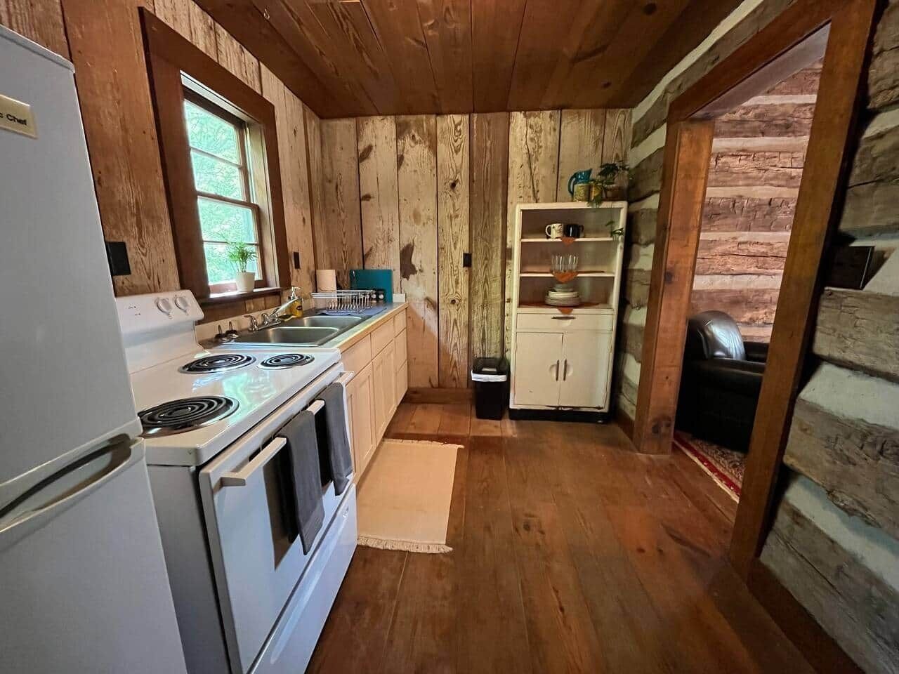 A compact kitchen with wooden walls, a stove, a sink, and a small cabinet.
