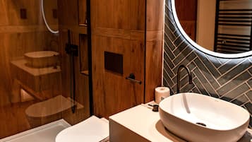 Hair dryer, bathrobes, slippers, heated floors