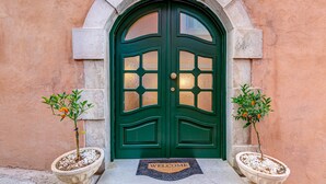 Une porte à deux battants, peinte en vert et dotée de panneaux de verre, flanquée de deux plantes en pot, et un paillasson à l’entrée.