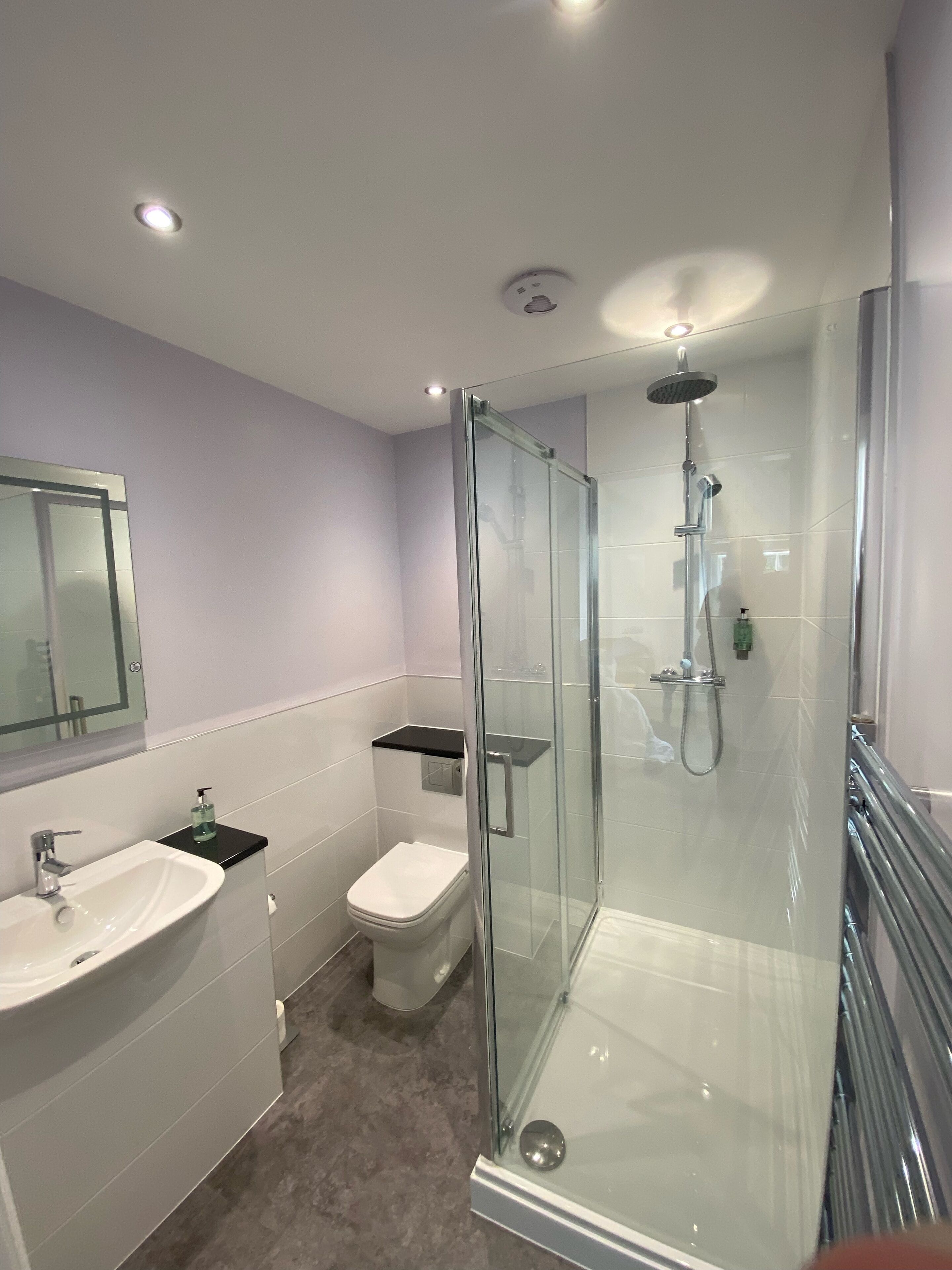 A modern bathroom with a glass-enclosed shower, a white sink, and a toilet.