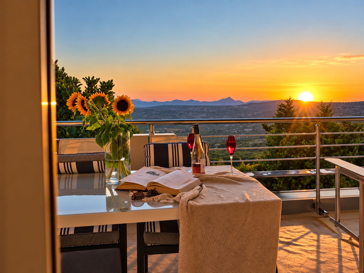 Un balcone con un tavolo apparecchiato per due persone, un libro, una bottiglia e un bicchiere di vino rosso, con vista su un tramonto e montagne.