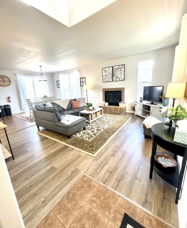 Smart TV, fireplace, books