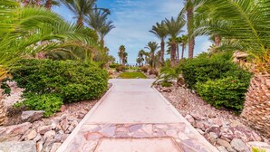 A paved pathway flanked by lush greenery and palm trees, leading towards a building.